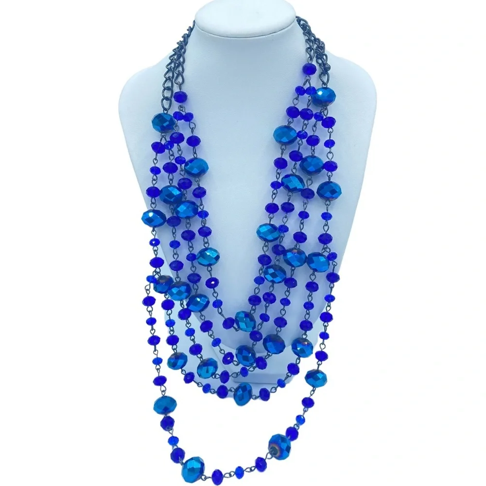 Multistrand cobalt blue tiered necklace w faceted blue beads sparkly
